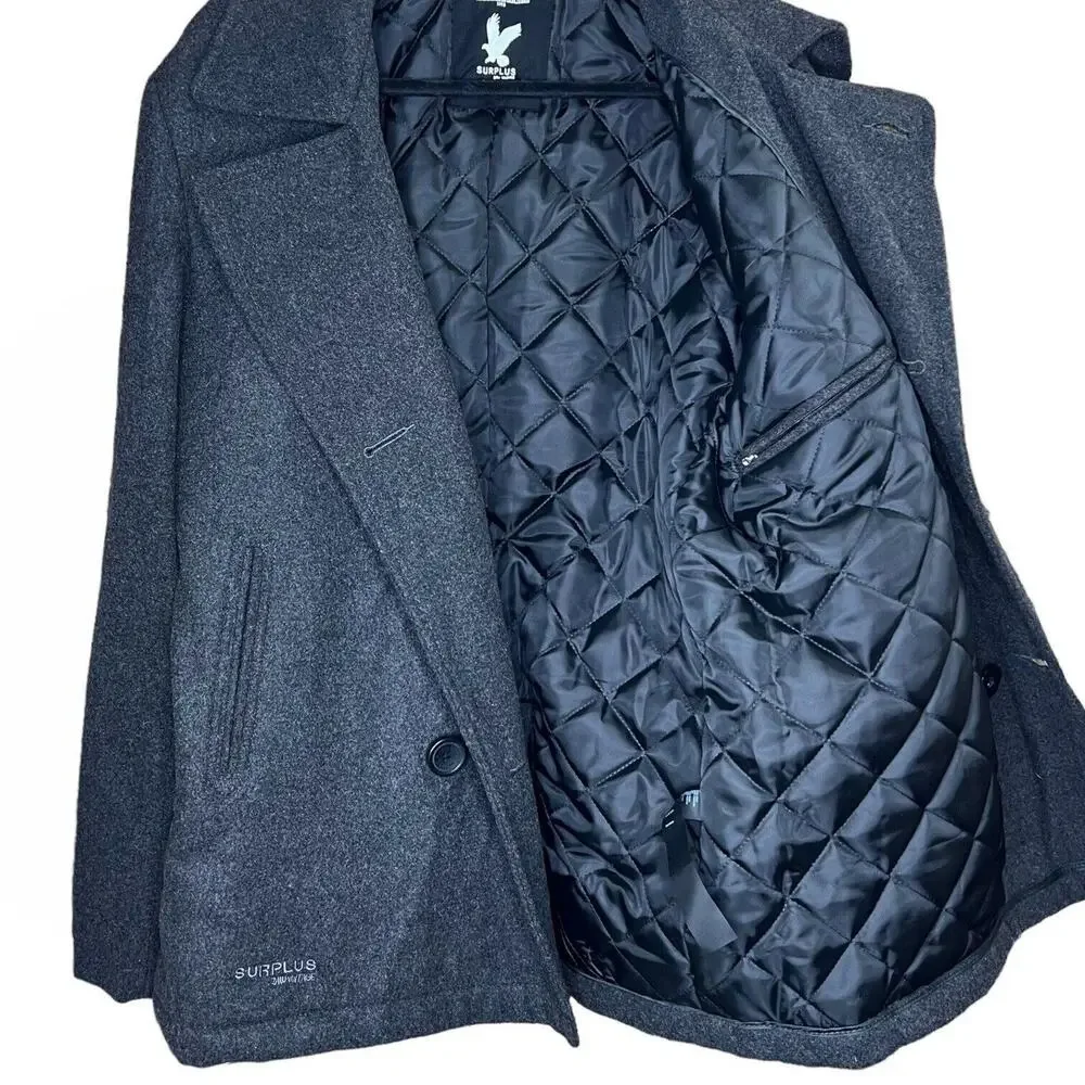 Surplus Raw Vintage Mens Wool Blend Gray Double Breasted Pea Coat Large